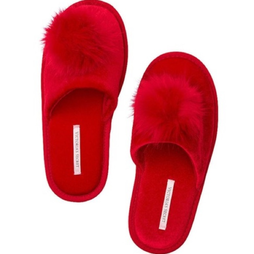 Victoria's Secret Red Velvet Faux Fur Pom Slipper